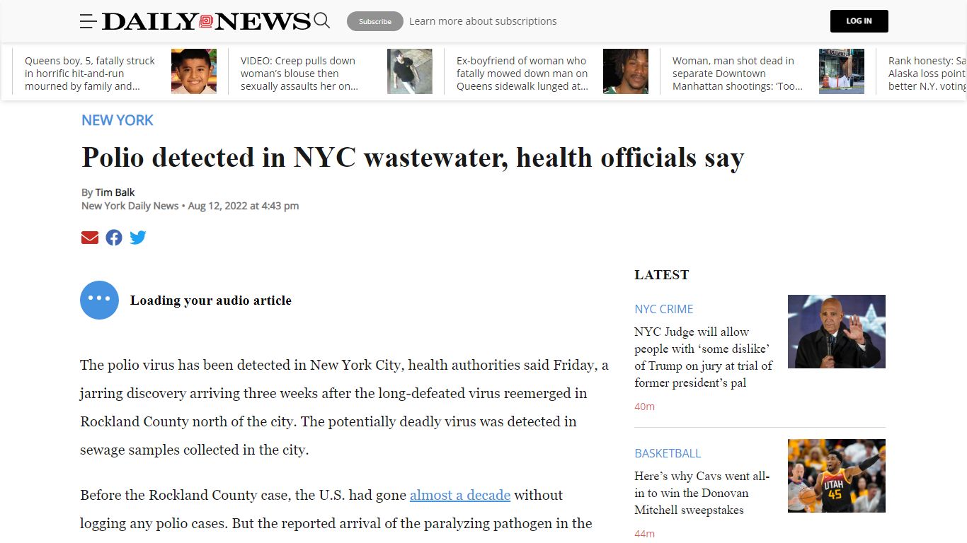 Polio detected in NYC waste water, health officials say